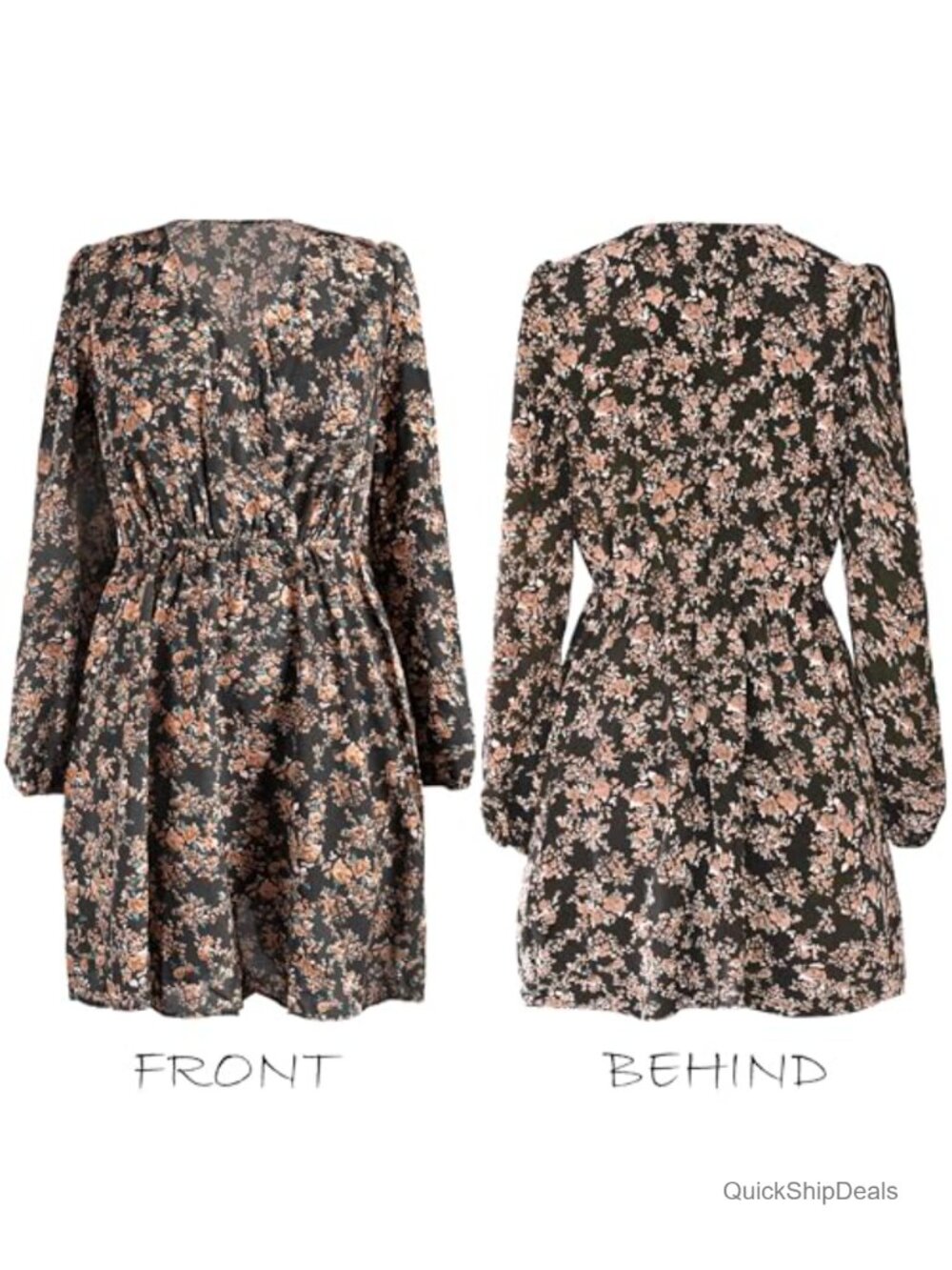 Floral Ruffle Mini Dress Surplice V Neck Peasant Sleeve Casual Fall Vacation - Picture 3 of 6